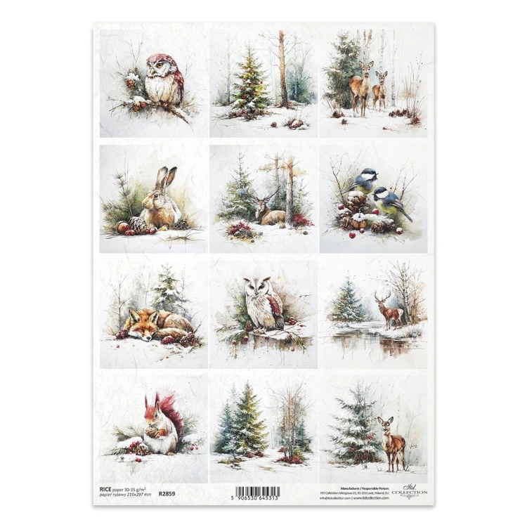 Papier ryżowy do decoupage A4 - sowa, lis, zima - R2859 - Itd Collection  #1