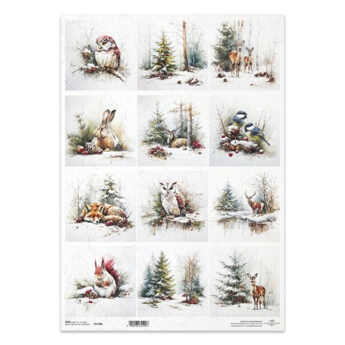 Papier ryżowy do decoupage A3 - sowa, lis, zima - R1700L - Itd Collection  #1
