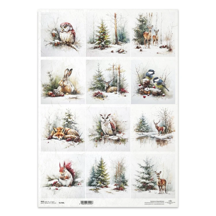 Papier ryżowy do decoupage A3 - sowa, lis, zima - R1700L - Itd Collection  #1