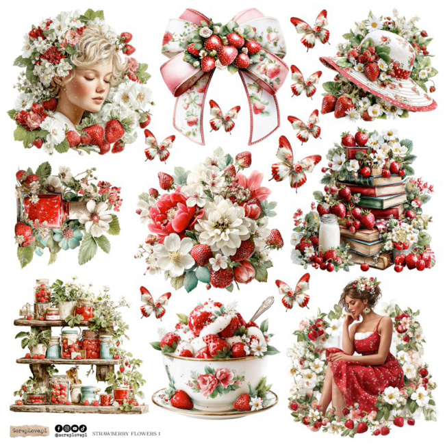 Naklejki papierowe - ScrapLove - Strawberry Flowers 1 Truskawkowe kwiaty #1