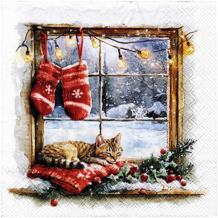 Serwetka do decoupage 33x33cm - Winter window kot przy oknie #1