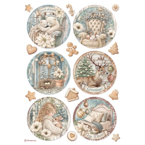 Papier ryżowy A4 - Stamperia - White Christmas 6 dekorów okrągłych #1