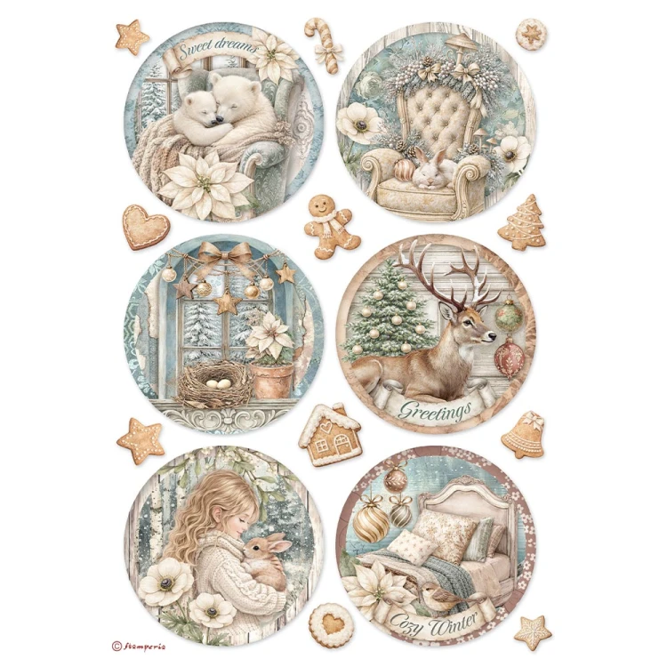 Papier ryżowy A4 - Stamperia - White Christmas 6 dekorów okrągłych #1