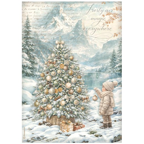 Papier ryżowy A4 - Stamperia - White Christmas chłopiec przy choince #1