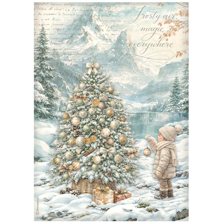 Papier ryżowy A4 - Stamperia - White Christmas chłopiec przy choince #1