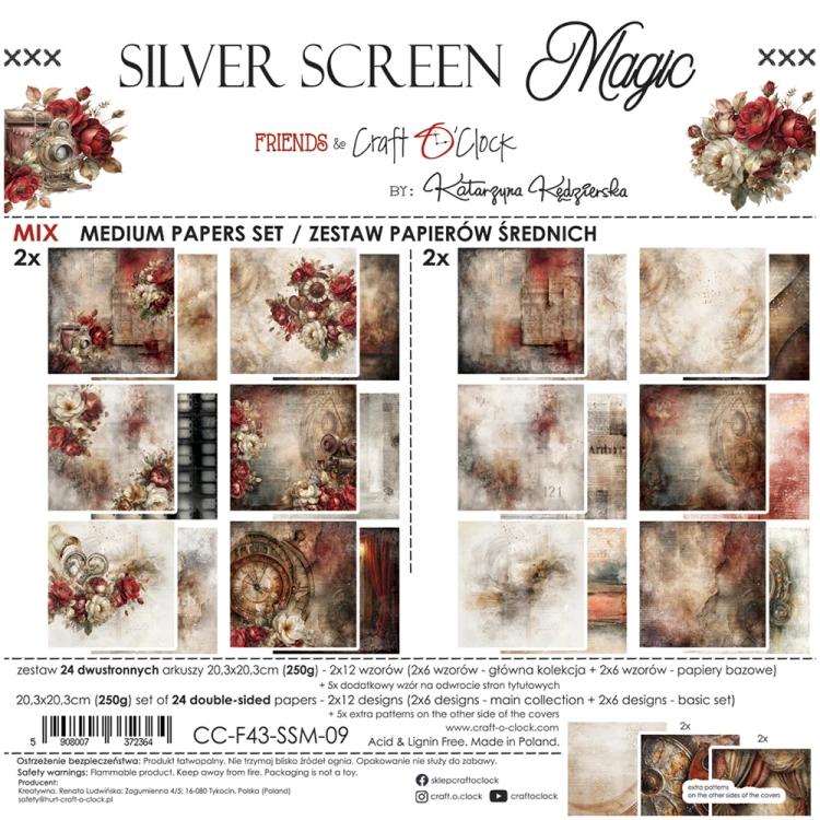 Zestaw papierów do scrapbookingu 20x20 - Craft o'clock - Silver Screen Magic mix #1