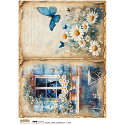 Papier ryżowy A4 - Scraplove - Daisy Junk Journal 6 stokrotki okno motyl