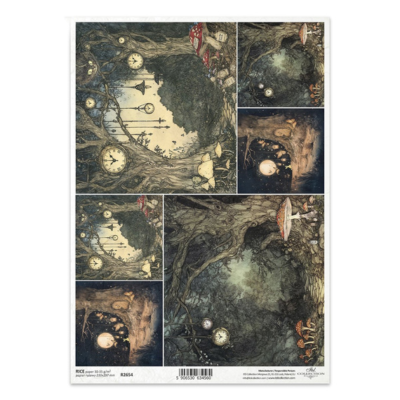Papier ryżowy do decoupage A4 - mroczny las, zegary, grzyby, baśniowy krajobraz - R2654 - Itd Collection