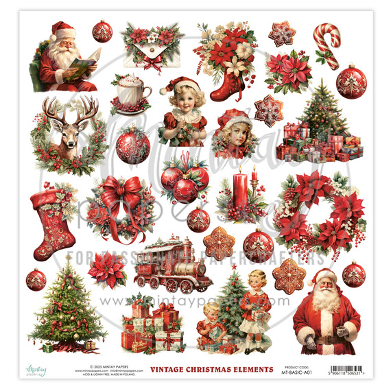Papier z elementami do scrapbookingu 30x30 - Mintay - Vintage Christmas