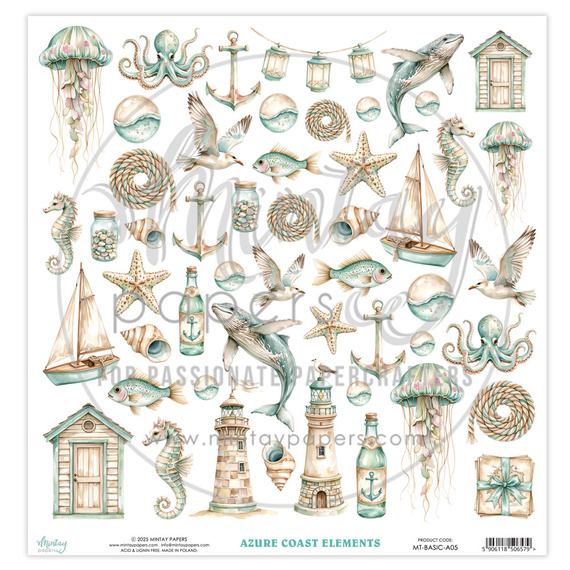 Papier z elementami do scrapbookingu 30x30 - Mintay - Azure Coast