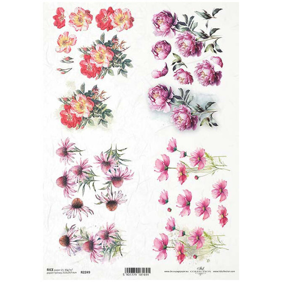 Papier ryżowy do decoupage A4 ITD-R2249 peonia, warszawianka, kosmos pierzasty, dzika róża