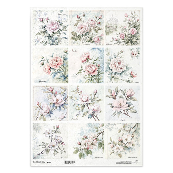 Papier ryżowy do decoupage A3 ITD R1445L kwiaty, róże, peonie, kwiaty jabłoni, magnolia
