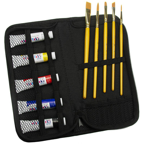 Zestaw malarski podróżny w etui - Phoenix - farby akrylowe 5x12 ml, 5 pędzli