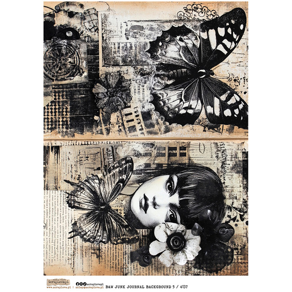 Papier ryżowy A4 - Scraplove - B&W Junk Journal Background 5 motyl twarz kobiety
