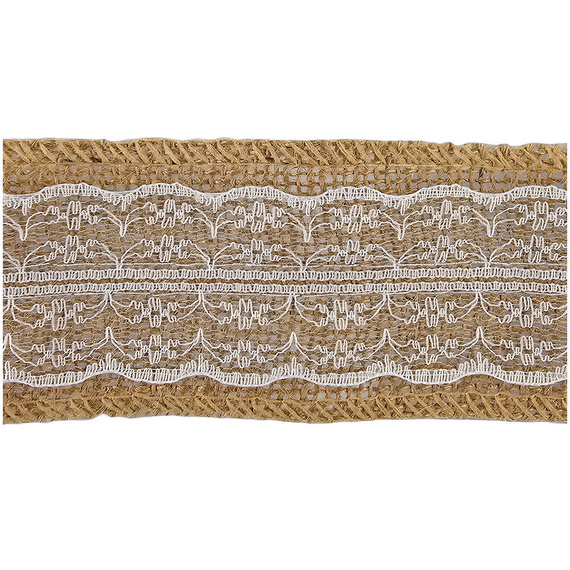 Wstążka jutowa naturalna z białą koronką