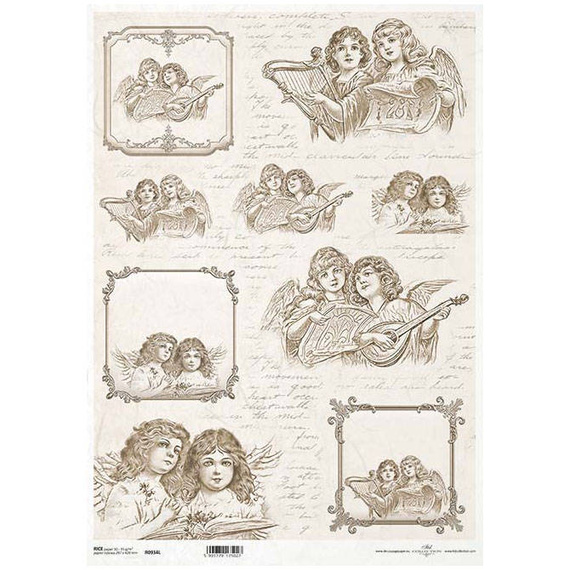 Papier ryżowy do decoupage A3 ITD-934L vintage anioły, ozdobne ramki, pismo