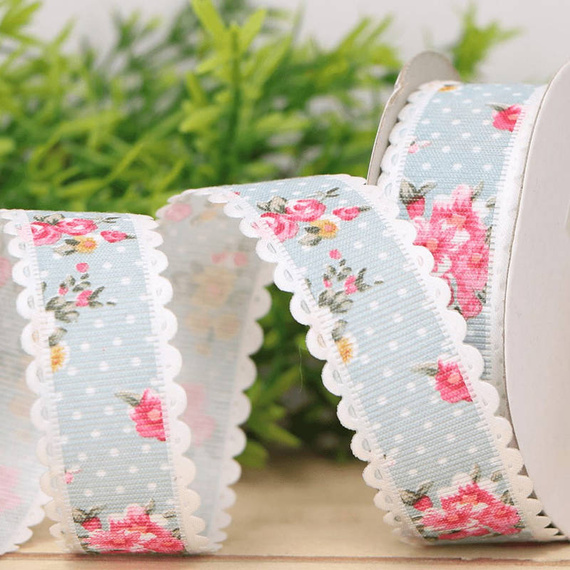 Wstążka niebiesko-szara w kwiaty 2,5cm x 9m