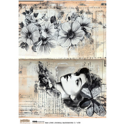 Papier ryżowy A4 - Scraplove - B&W Junk Journal Background 3 kwiaty kobieta