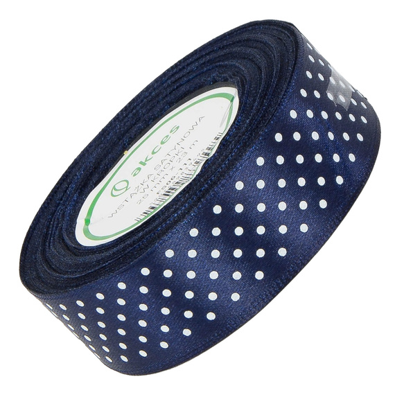 Wstążka satynowa w kropki 25 mm - granat 111 - 23 m - dekoracyjna tasiemka