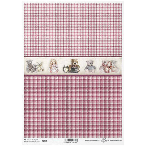 Papier ryżowy do decoupage ITD-R1958 zabawki, dzieci, różowa kratka, maskotki, misie