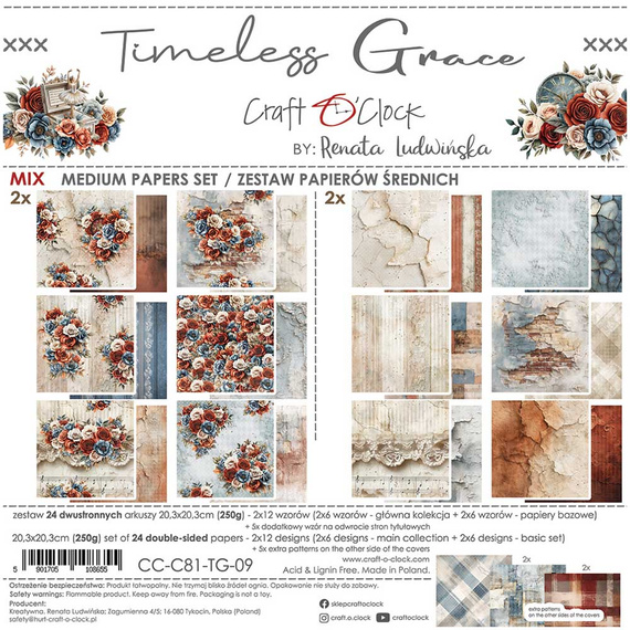Zestaw papierów do scrapbookingu 20x20 - Craft o'clock - Timeless Grace mix