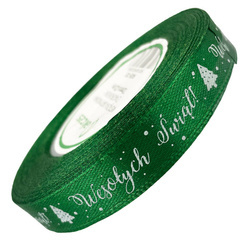 Tasiemka satynowa zielona Wesołych Świąt 12mm x 23m