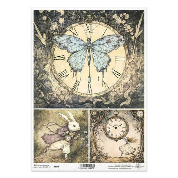 Papier ryżowy do decoupage A4 - motyl, ćma, Bialy Królik, zegar, Alicja - R2645 - Itd Collection