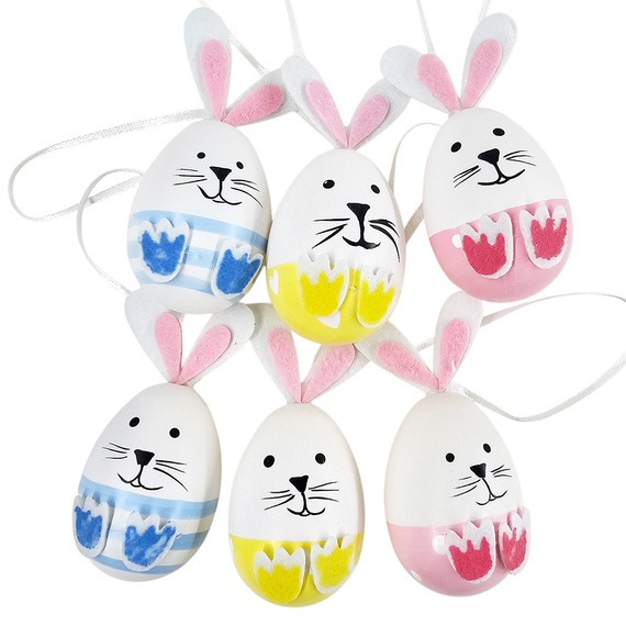 Jajka dekoracyjne zajączki 6 cm - jajka zawieszki pisanki 6 szt. - kolorowe