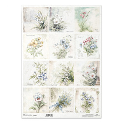 Papier ryżowy do decoupage A3 - kwiaty, przebiśnieg, konwalia, stokrotka, bratek, niezapominajka, fiołki - R1444L - Itd Collection