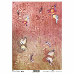 Papier ryżowy do decoupage ITD-R1547 - A4 Walentynki, ptaszki, napisy, thank you, I like you, I love you, serce, serca, serduszka, piórko, piórka
