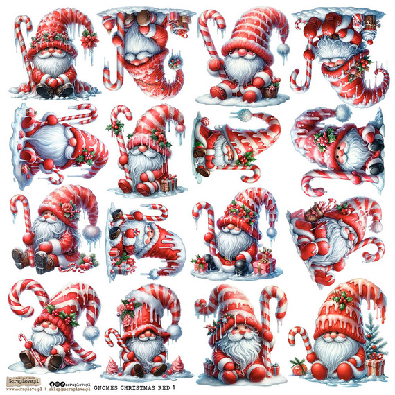 Naklejki papierowe - ScrapLove - Gnomes Christmas Red świąteczne skrzaty