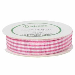 Wstążka w kratkę biało - różowa 12mm - 10mb