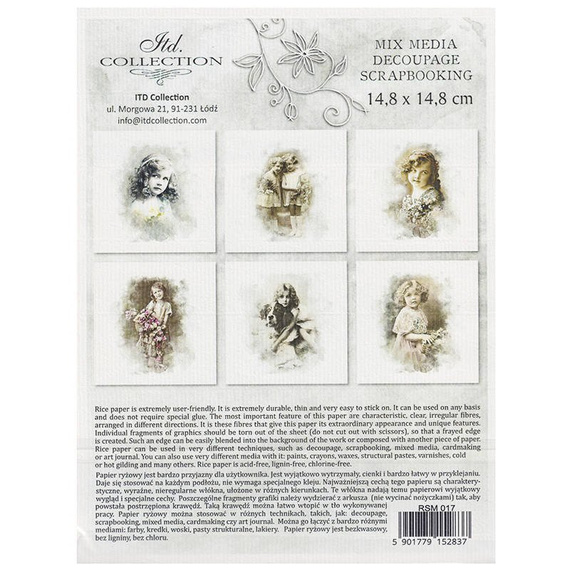 Zestaw papierów ryżowych, retro vintage, dziewczynki - ITD 6szt