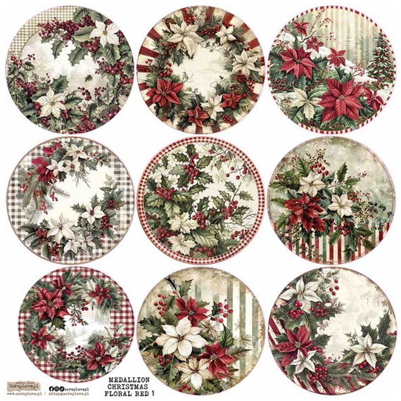 Naklejki papierowe - ScrapLove - Medallion Christmas Floral Red 1 - Medaliony świąteczne czerwone