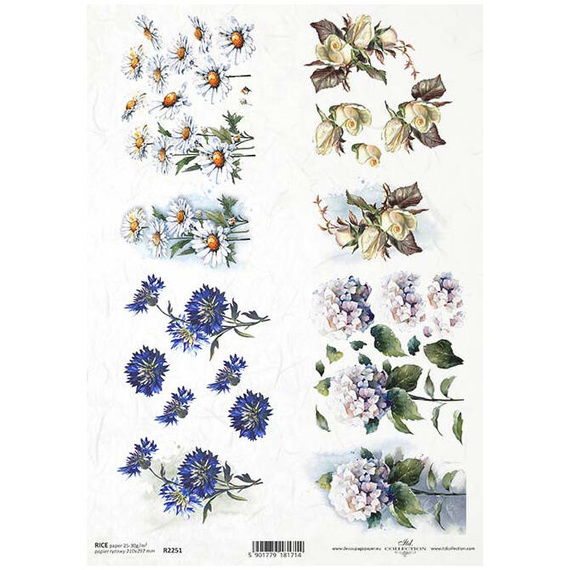 Papier ryżowy do decoupage A4 ITD-R2251 stokrotki, chabry, hortensje, róże