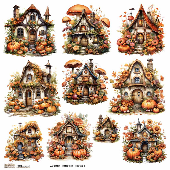 Naklejki papierowe - ScrapLove - Autumn Pumpkin Houses 1 domki grzyby dynie