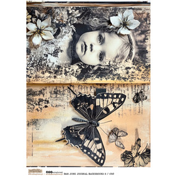 Papier ryżowy A4 - Scraplove - B&W Junk Journal Background 8 motyl dziewczynka