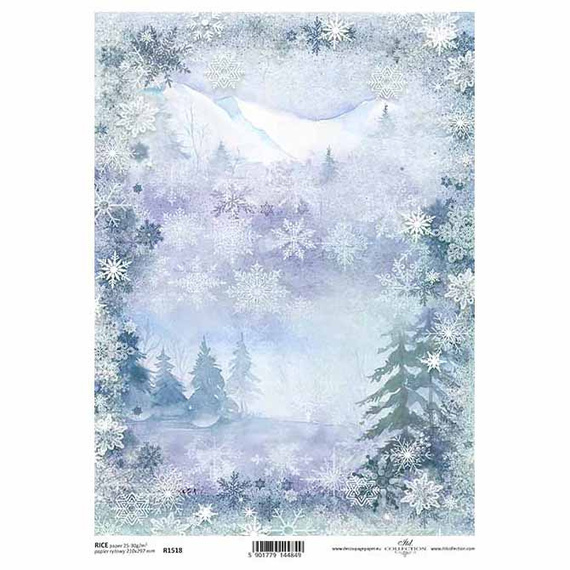 Papier ryżowy A4 do decoupage ITD-R1518 zima,  śnieżynki, góry, las