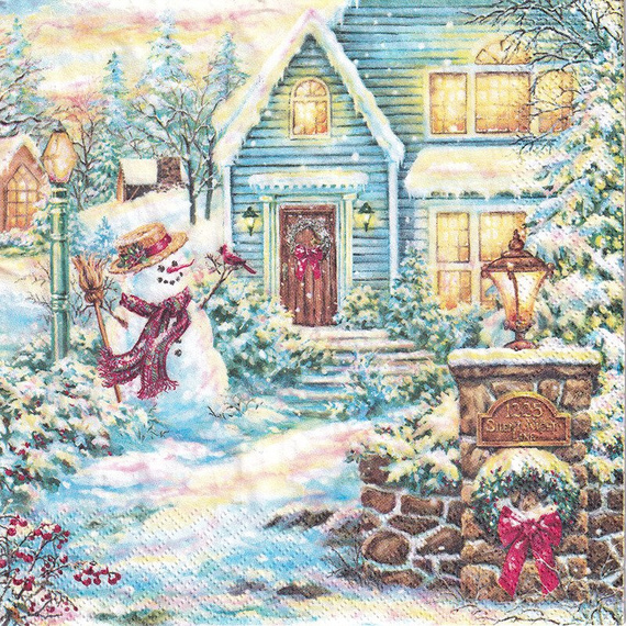 Serwetka 33x33cm - Christmas Evening dom bałwan Boże Narodzenie