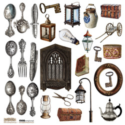 Naklejki papierowe - ScrapLove - Vintage Object 2 sztućce skrzynia księga klucz