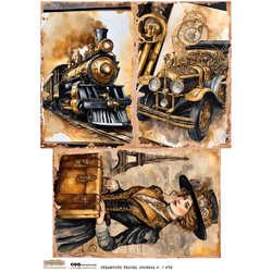 Papier ryżowy A4 - Scraplove - Steampunk Travel Journal 6 pociąg samochód kobieta