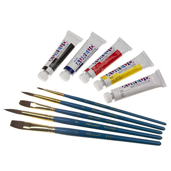 Zestaw malarski podróżny w etui - Phoenix - farby akwarelowe 5x12 ml, 5 pędzli