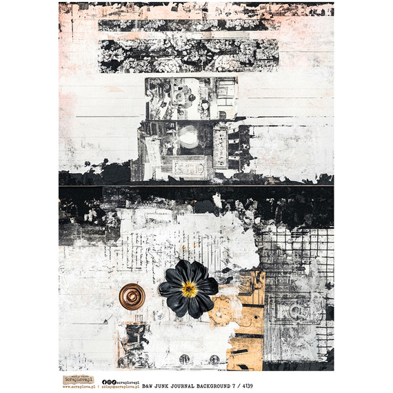 Papier ryżowy A4 - Scraplove - B&W Junk Journal Background 7
