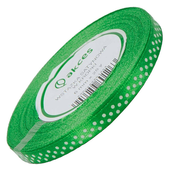 Wstążka satynowa zielona w białe kropki 6mm - 23m