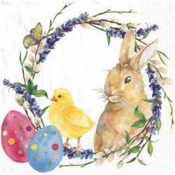 Serwetka 33x33cm - Watercolour chicken & rabbit zajączek kurczaczek i pisanki