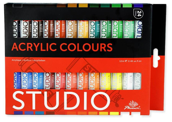 Farby akrylowe Phoenix 24x12ml + blok + pędzle 15szt. + paletka