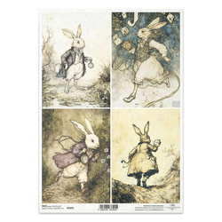 Papier ryżowy do decoupage A4 - Biały Królik, zegarki, Zające - R2635 - Itd Collection