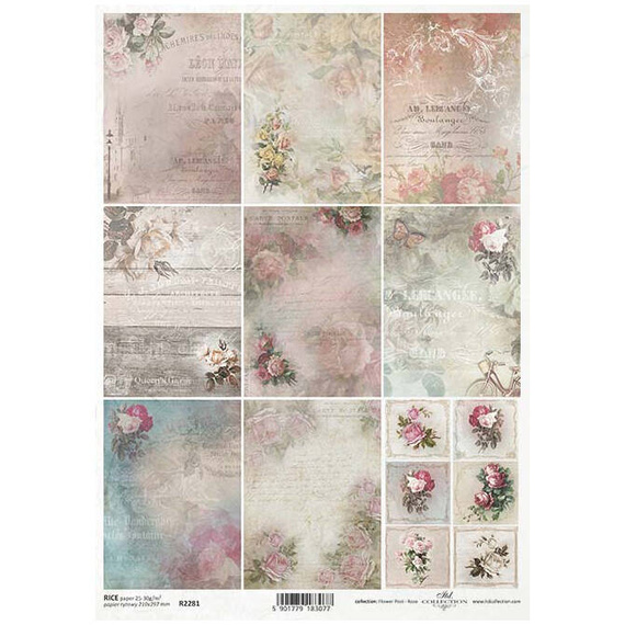 Papier ryżowy do decoupage A4 ITD-R2281 róże, vintage, tła, napisy, ramki