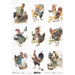 Papier ryżowy do decoupage A4 ITD-R2165 kury, koguty w ubraniach