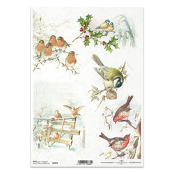 Papier ryżowy do decoupage - zima, ptak, sikorka, rudzik, ostrokrzew - R1019 - Itd Collection